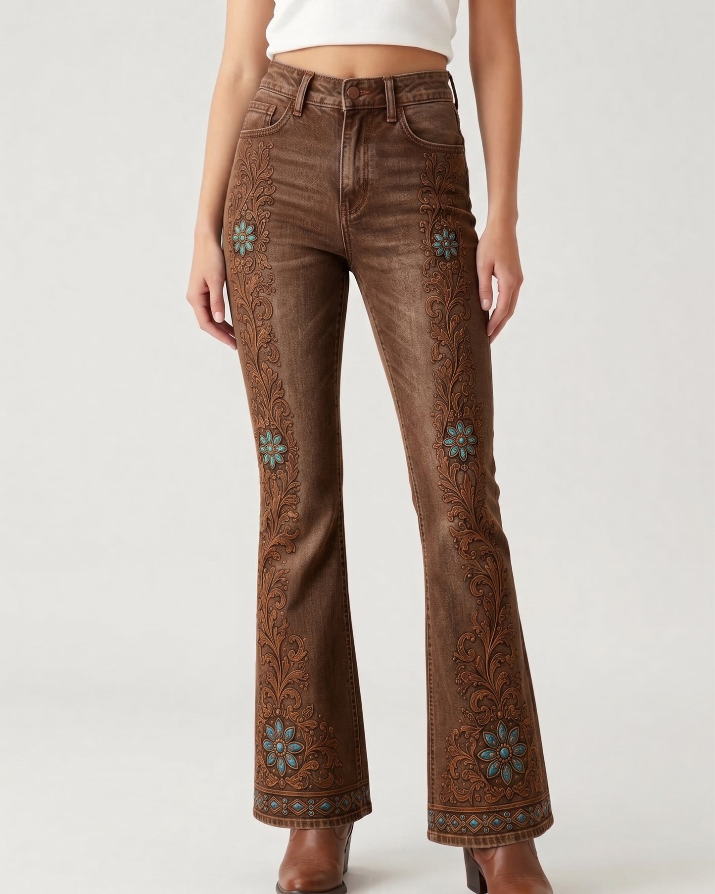 Teal Medallion Border Bootcut Jeans – Front View – Riley – Medium Blue