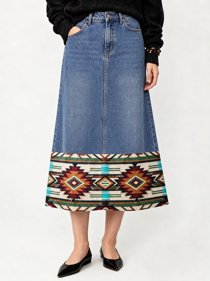 Golden Serpent Ankle-Length Denim Skirt