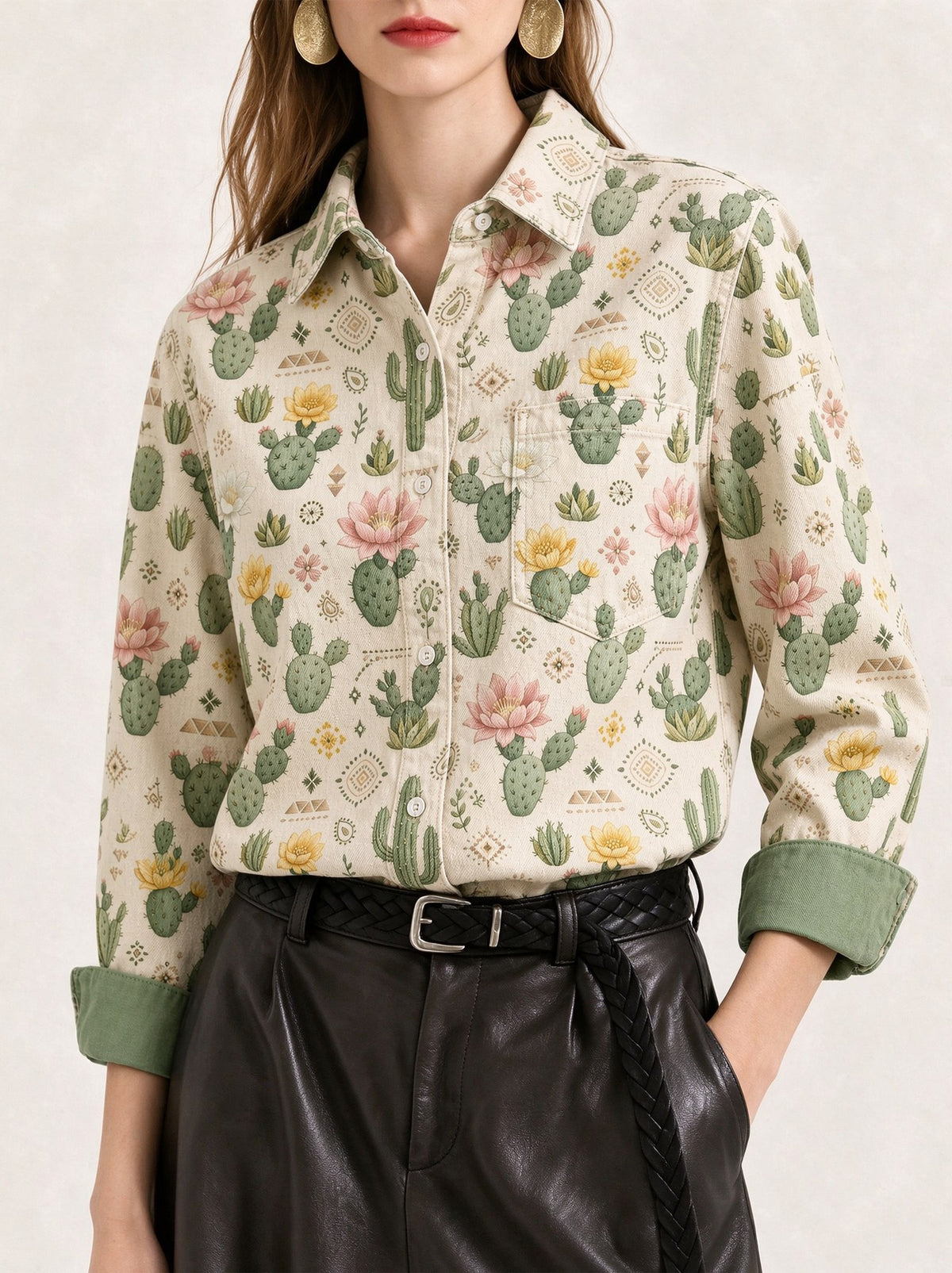 Prairie Cactus Blossom Long Sleeve Denim Shirt