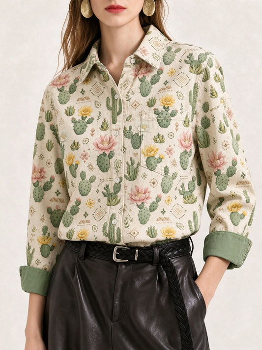 Prairie Cactus Blossom Long Sleeve Denim Shirt