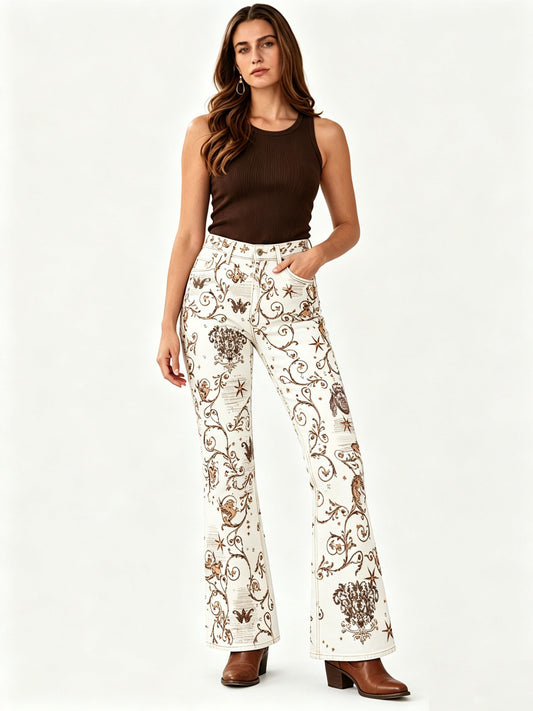 Desert Bloom Bootcut Jeans – Front View – Riley – Cream, Brown