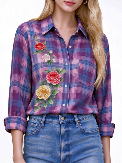 Rodeo Rose Plaid Long Sleeve Denim Shirt
