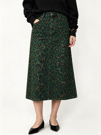 Desert Leopard Ankle-Length Denim Skirt
