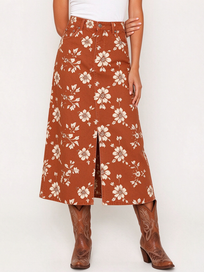 Desert Bloom 026 Western Denim Midi Skirt – Front View – Riley – Terracotta