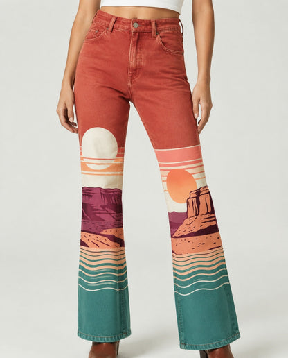 Desert Mirage Terracotta Bootcut Jeans – Front View – Riley – Terracotta, Teal, Coral, Mauve
