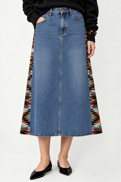 Cowboy Bandana Patchwork Ankle-Length Denim Skirt