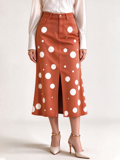 Cactus Bloom Terracotta Western Denim Midi Skirt – Front View – Riley – Terracotta