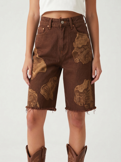 Copper Medallion Bloom Denim Shorts – Front View – Riley – Warm Brown
