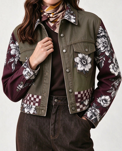 Saloon Rose Check Cropped Denim Jacket