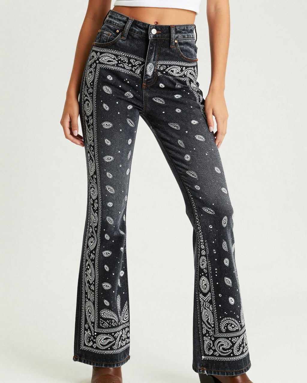 Black Bandana Bootcut Jeans – Front View – Riley – Black / Cream