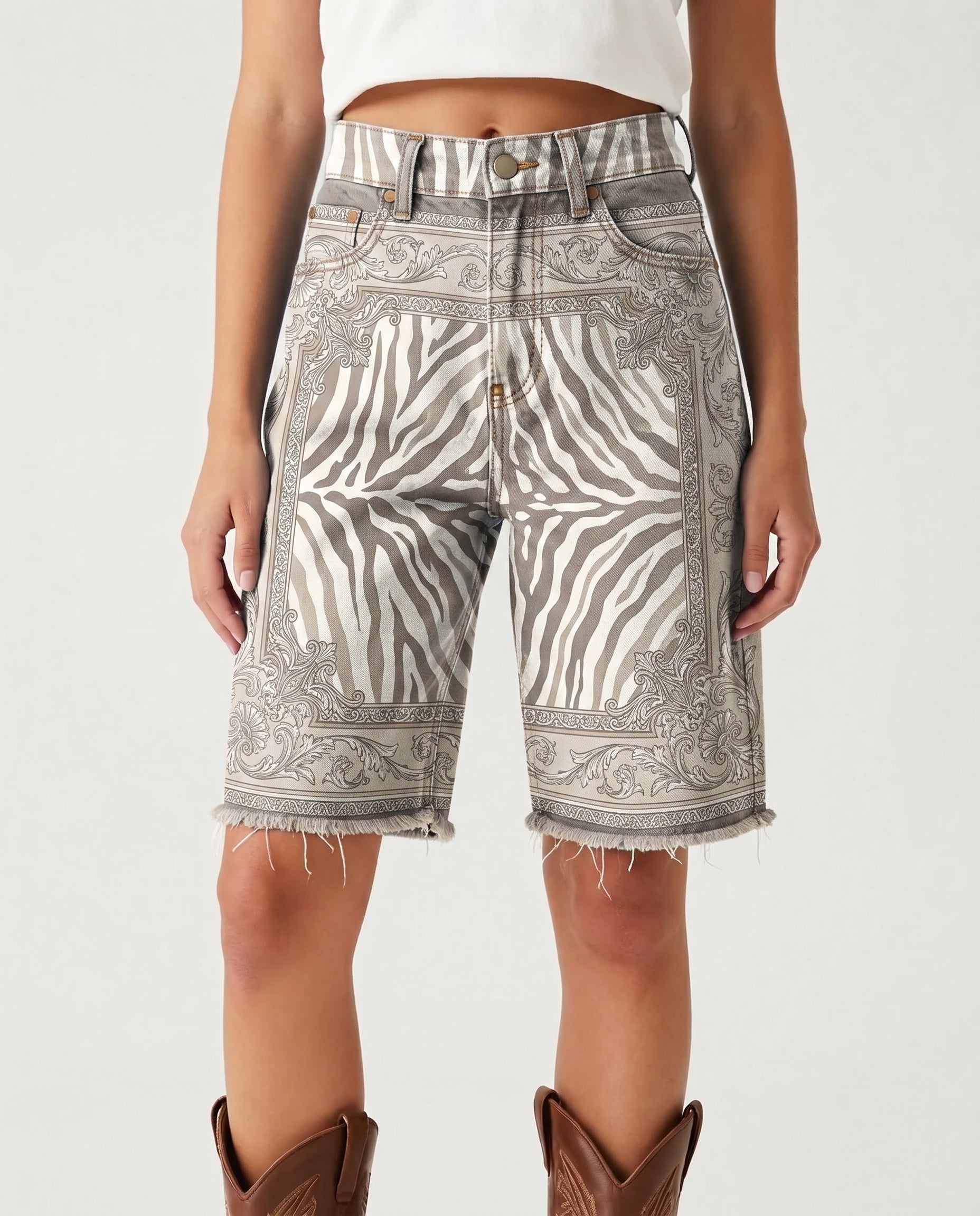 Midnight Floral Swirl Denim Shorts – Front View – Riley – Dark Navy