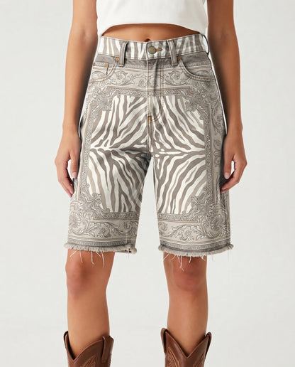 Midnight Floral Swirl Denim Shorts – Front View – Riley – Dark Navy