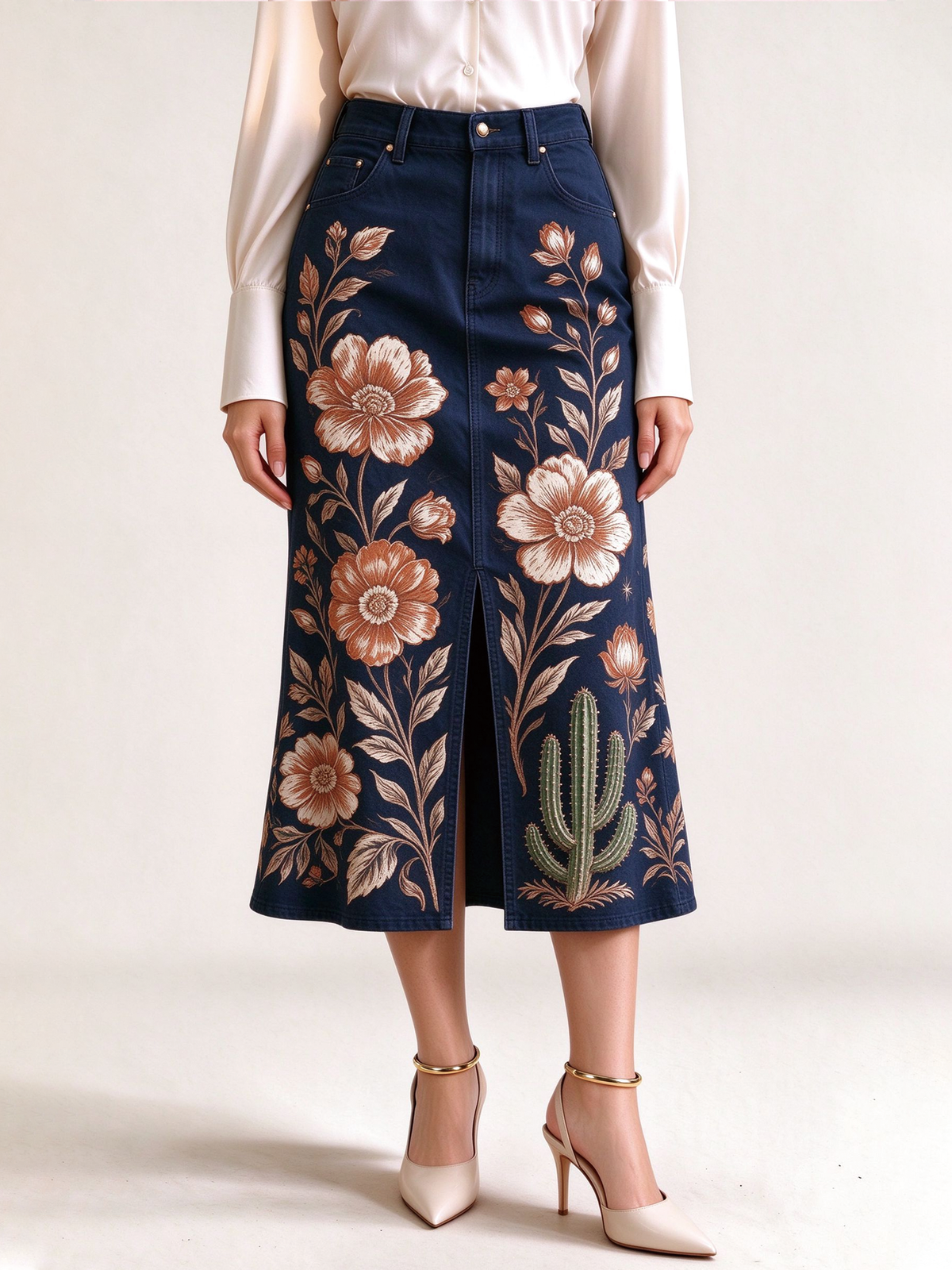 Desert Bloom Navy Blue Western Denim Midi Skirt – Front View – Riley – Navy Blue