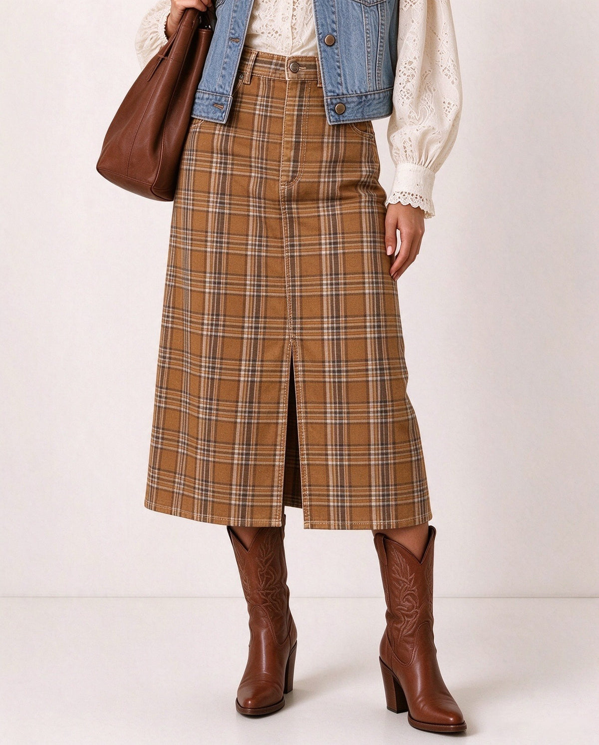 Mustang Ranch Plaid Denim Midi Skirt