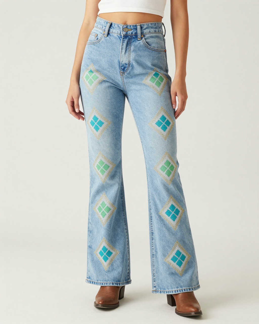 Ice Diamond AOP Bootcut Jeans – Front View – Riley – Ice Blue