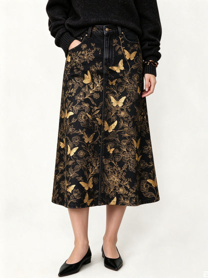 Golden Wings Ankle-Length Denim Skirt
