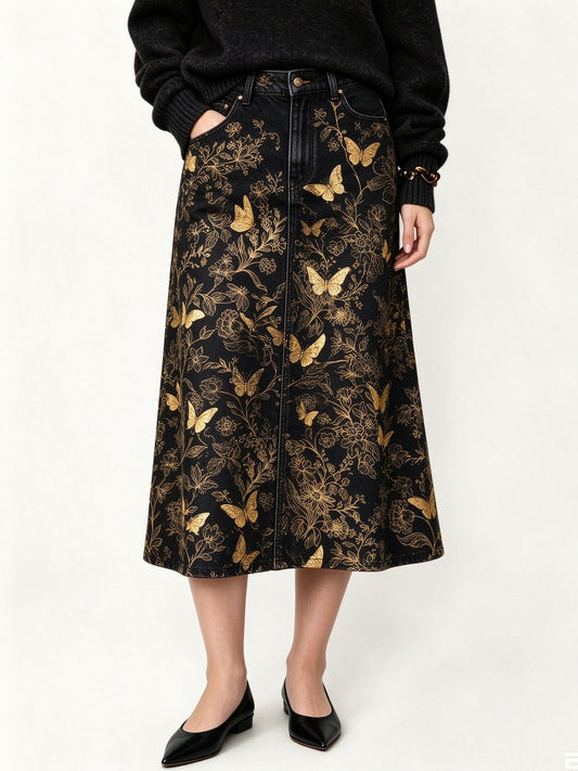 Golden Wings Ankle-Length Denim Skirt