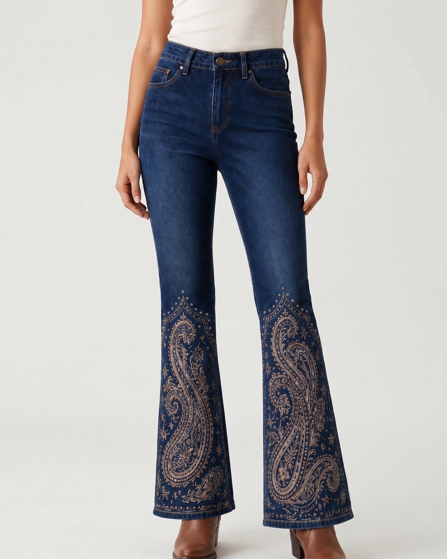 Sapphire Scroll Hem Bootcut Jeans – Front View – Riley – Medium Blue
