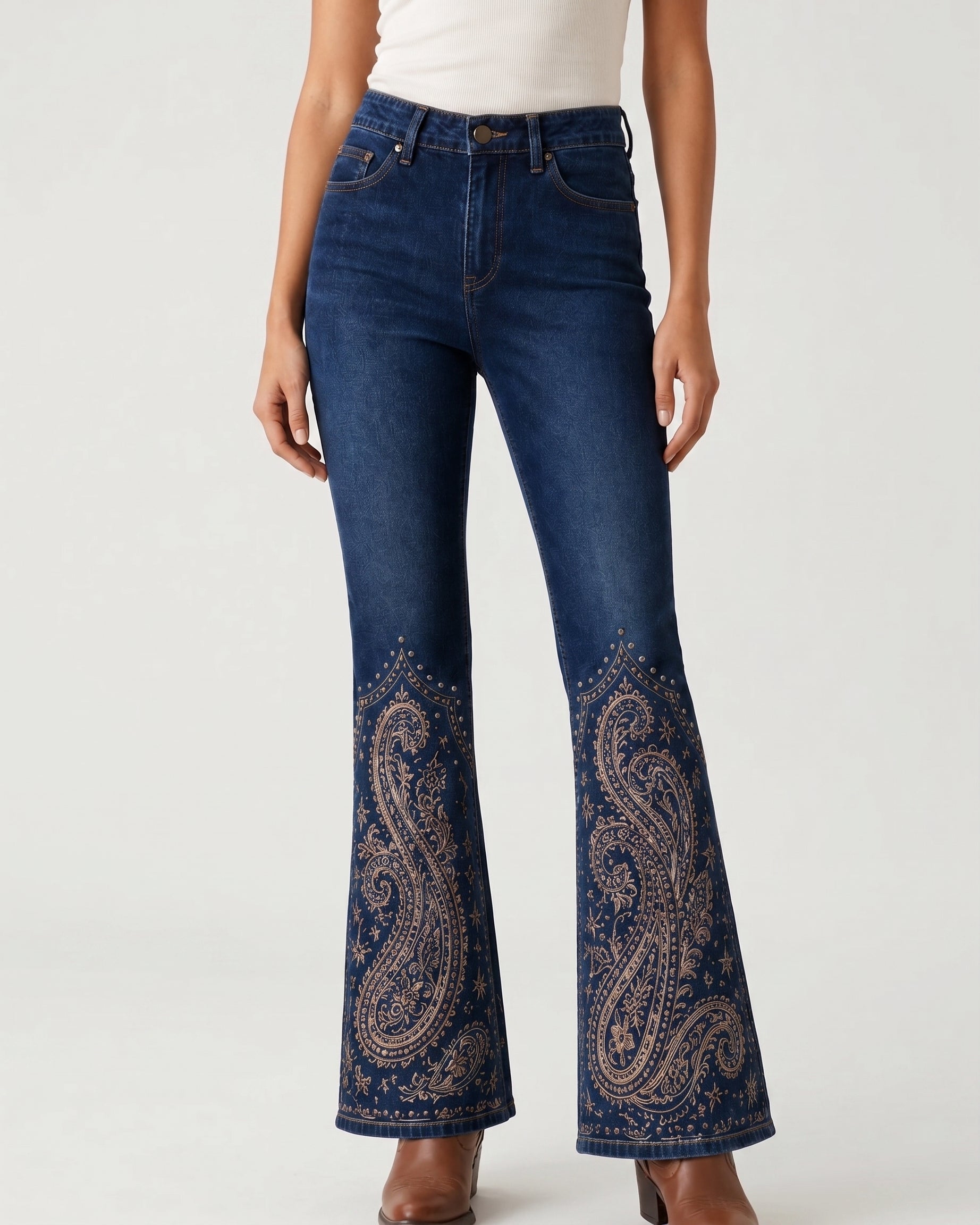 Sapphire Scroll Hem Bootcut Jeans – Front View – Riley – Medium Blue