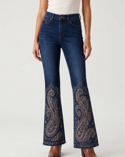 Sapphire Scroll Hem Bootcut Jeans – Front View – Riley – Medium Blue