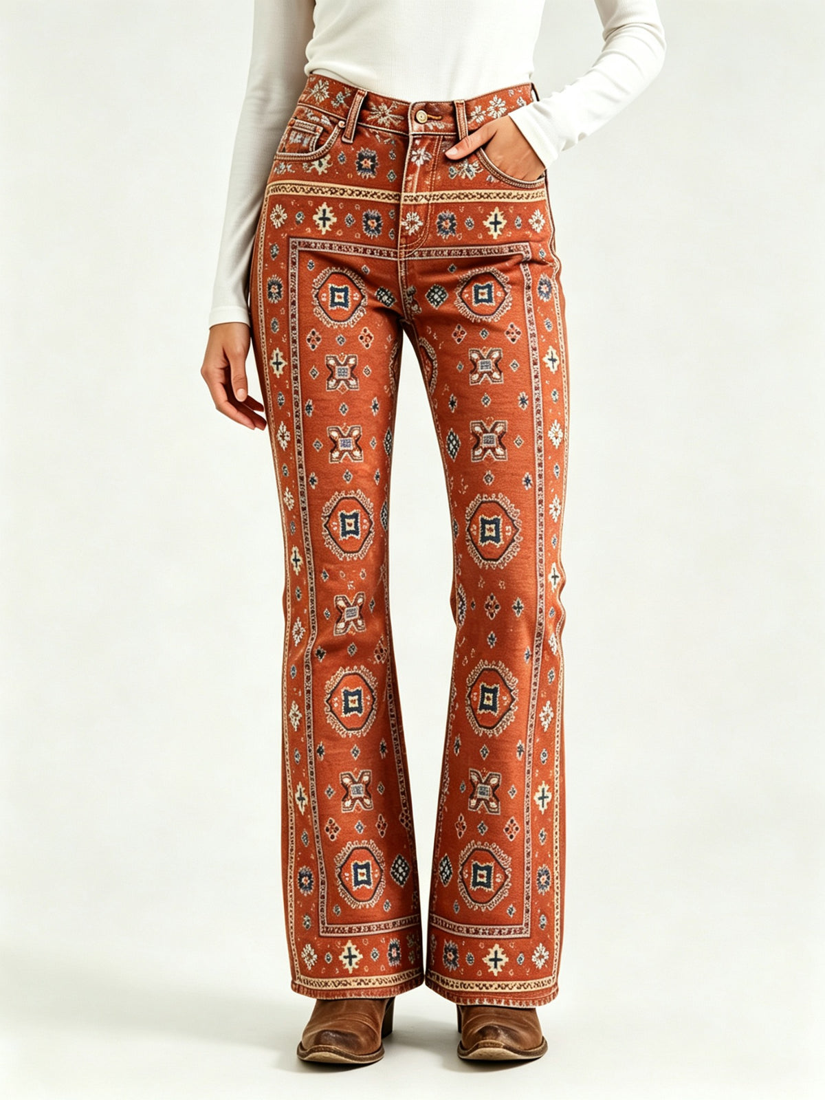 Desert Mirage Bootcut Jeans – Front View – Riley – rust