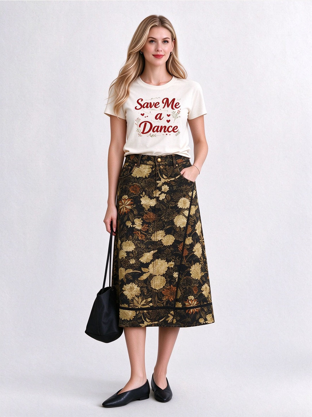 Sunset Bloom Ankle-Length Denim Skirt