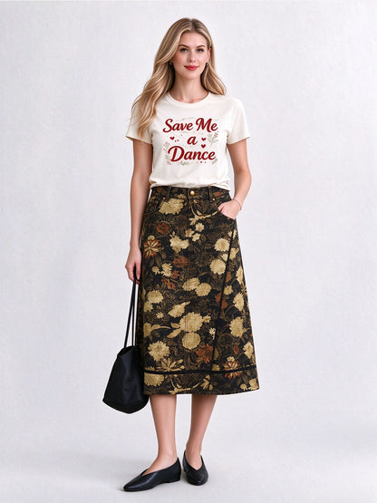 Sunset Bloom Ankle-Length Denim Skirt