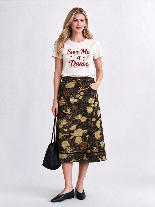 Sunset Bloom Ankle-Length Denim Skirt