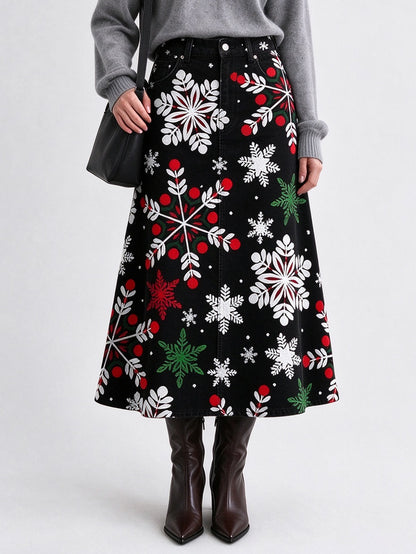 Snowflake Stampede Ankle-Length Denim Skirt