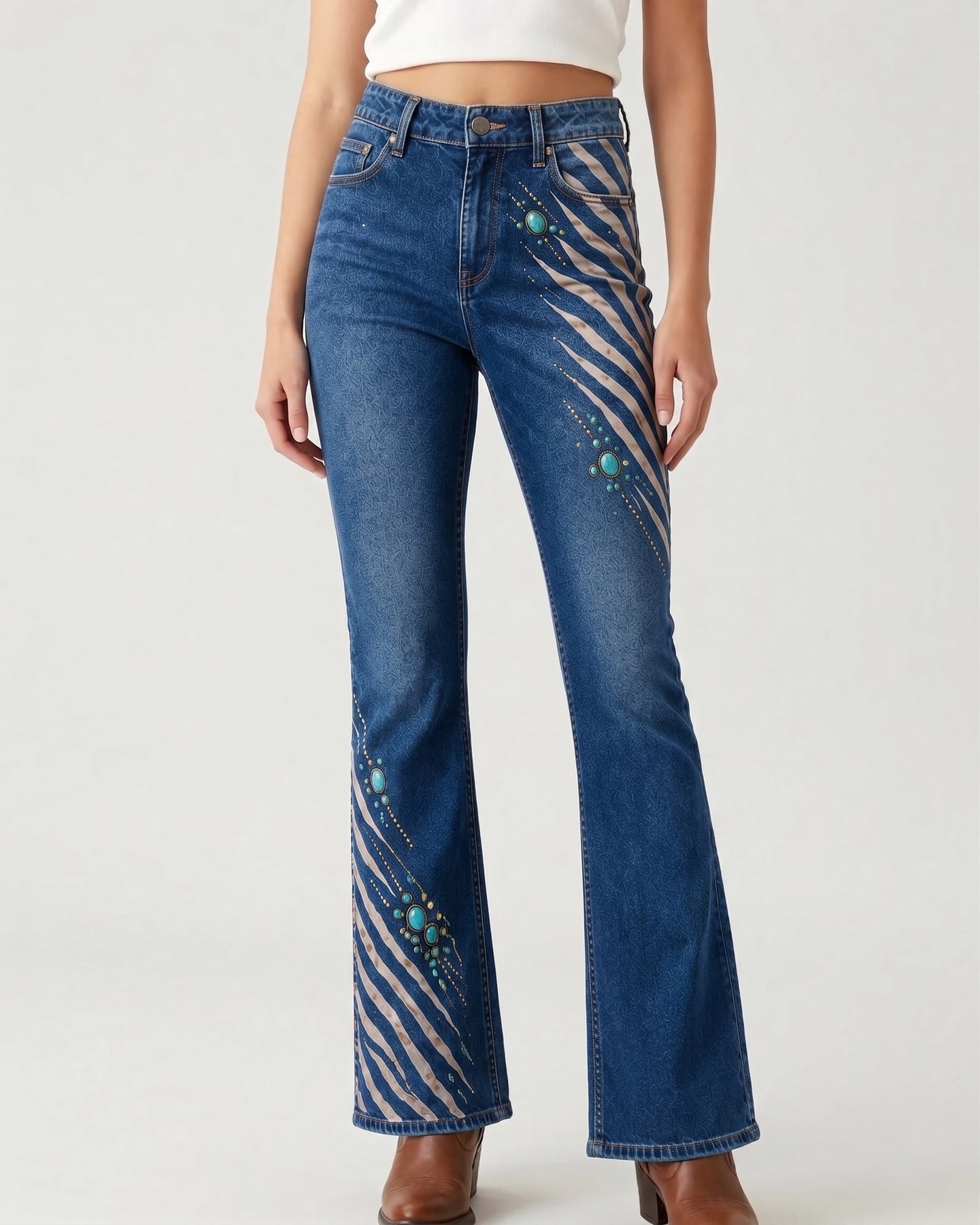 Indigo Baroque Scroll Bootcut Jeans – Front View – Riley – Dark Indigo