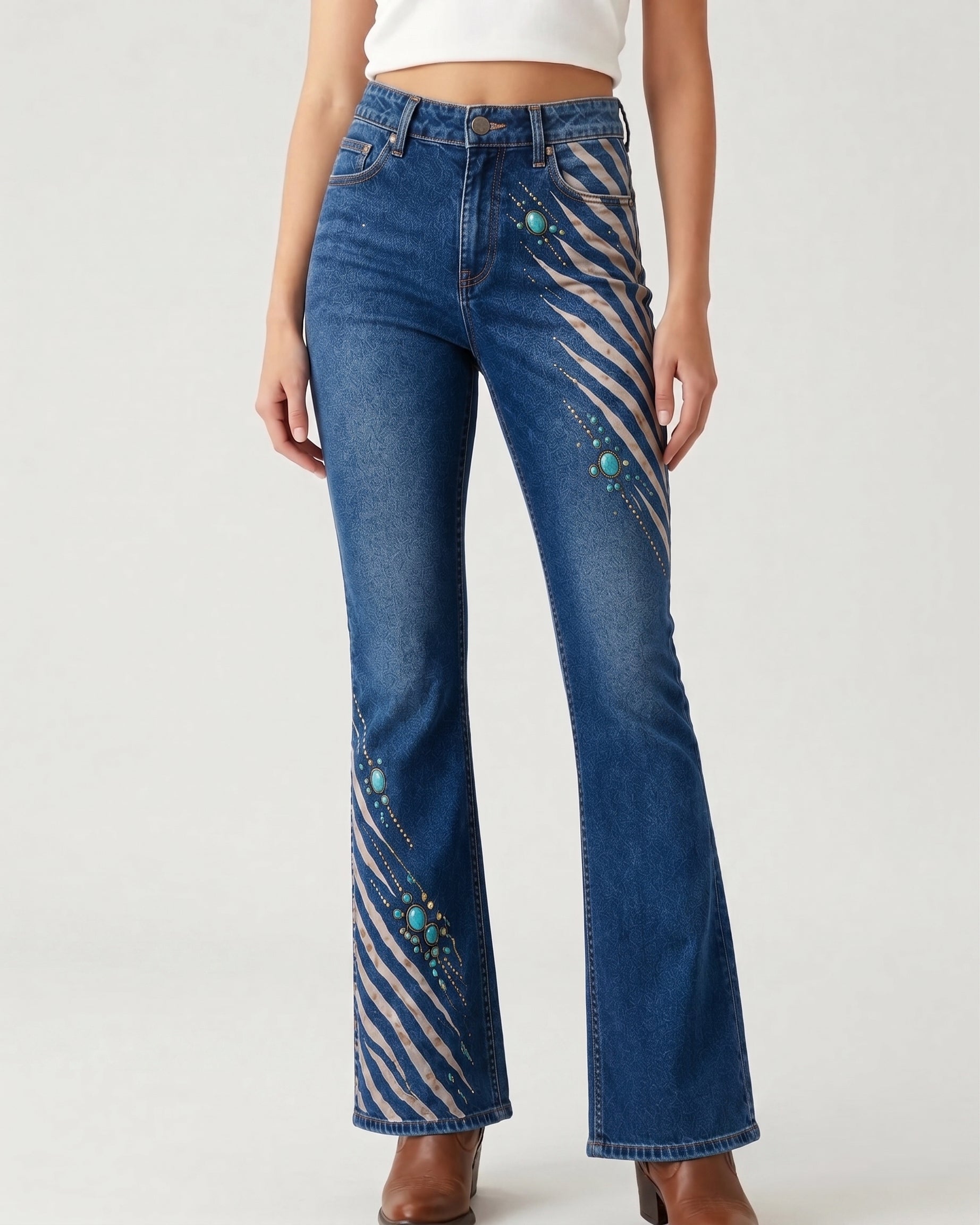 Indigo Baroque Scroll Bootcut Jeans – Front View – Riley – Dark Indigo