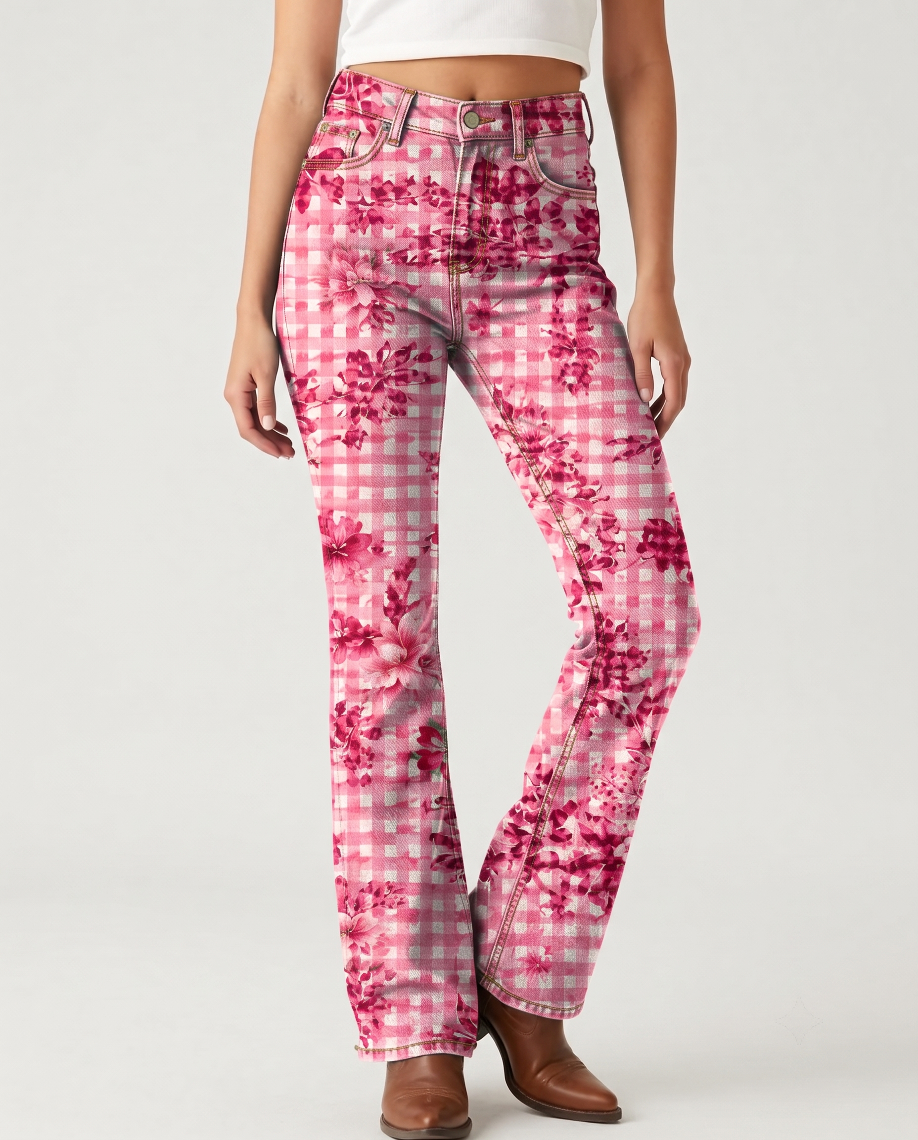 Desert Bloom Pink Bootcut Jeans – Front View – Riley – Pink
