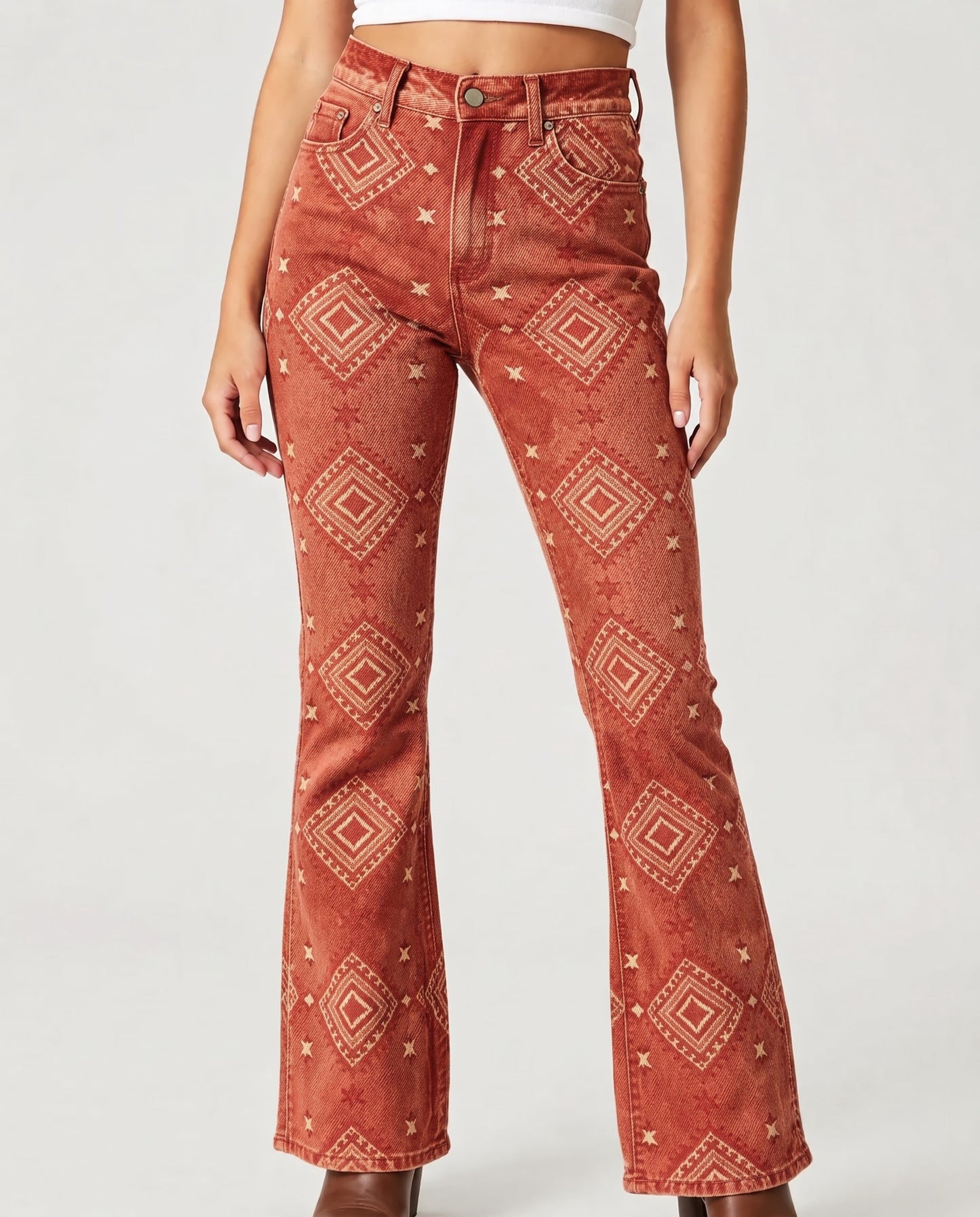 Desert Mirage Rust Bootcut Jeans – Front View – Riley – rust