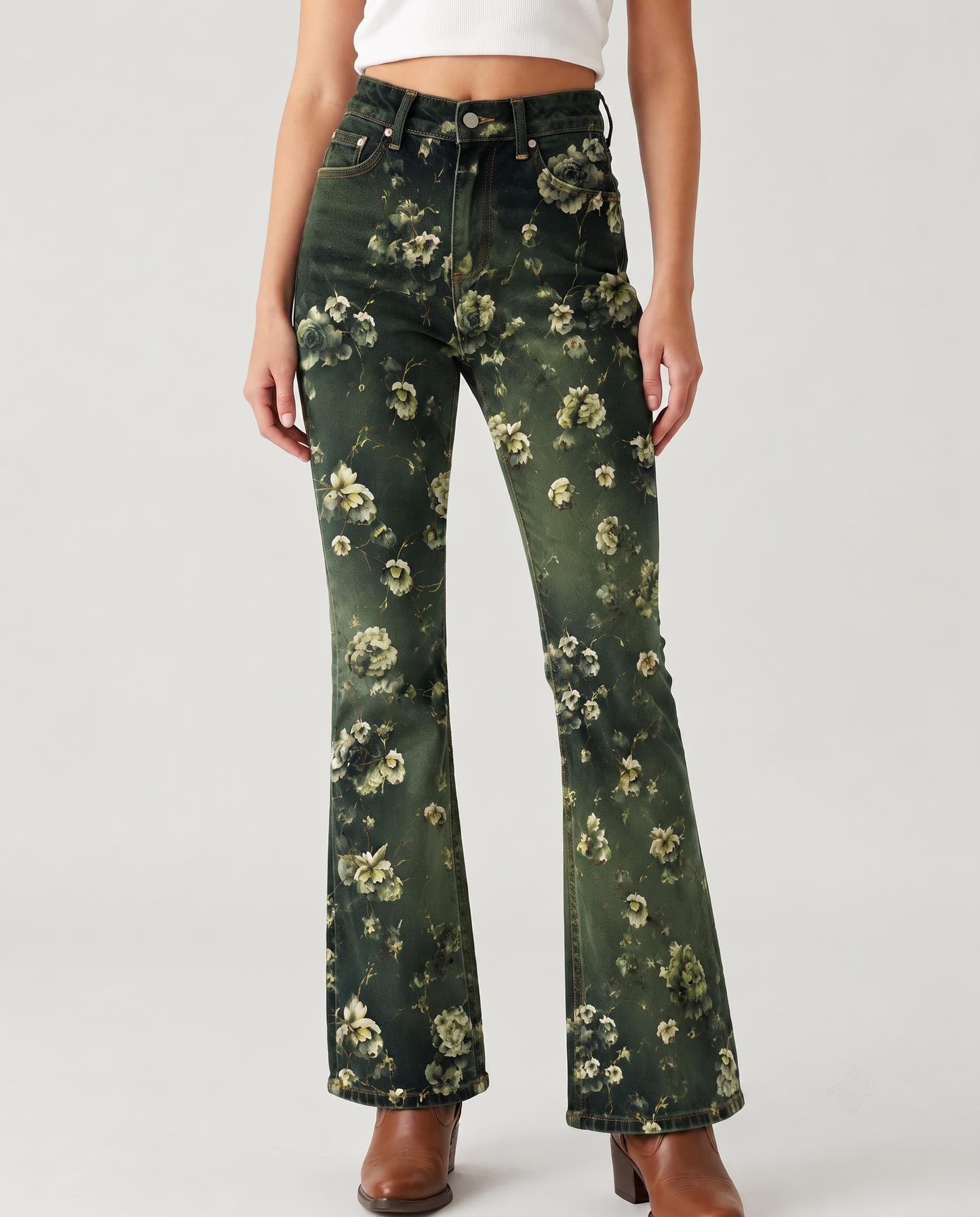 Meadow Bloom Bootcut Jeans – Front View – Riley – Dark Green