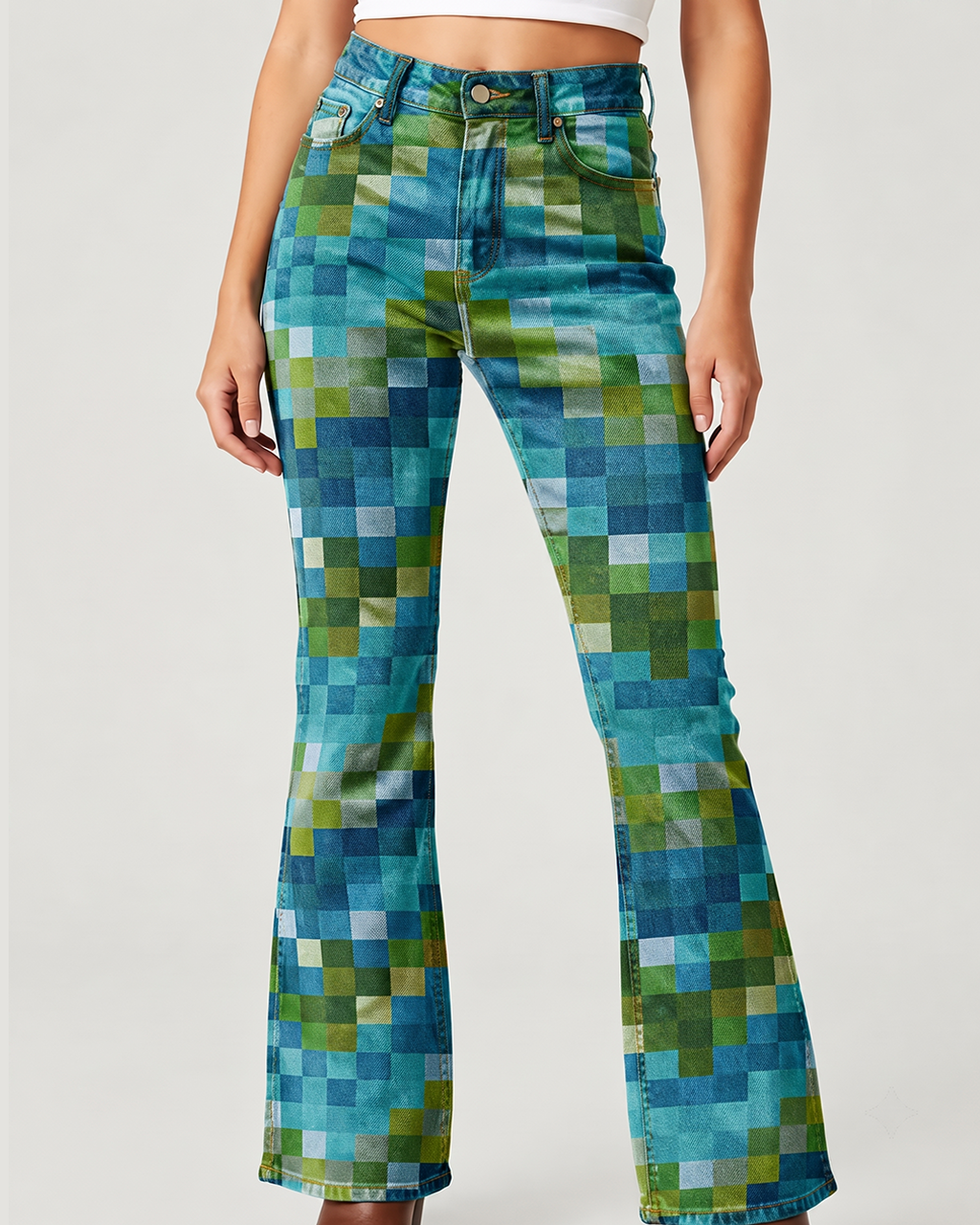 Cactus Grid Bootcut Jeans – Front View – Riley – teal, green