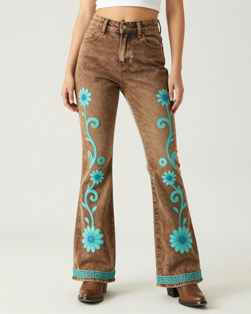 Tooled Floral Vine Bootcut Jeans – Front View – Riley – Warm Brown