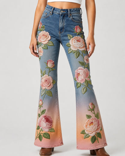 Rosebloom Reverie Bootcut Jeans – Front View – Riley – Denim Blue, Blush Pink, Coral