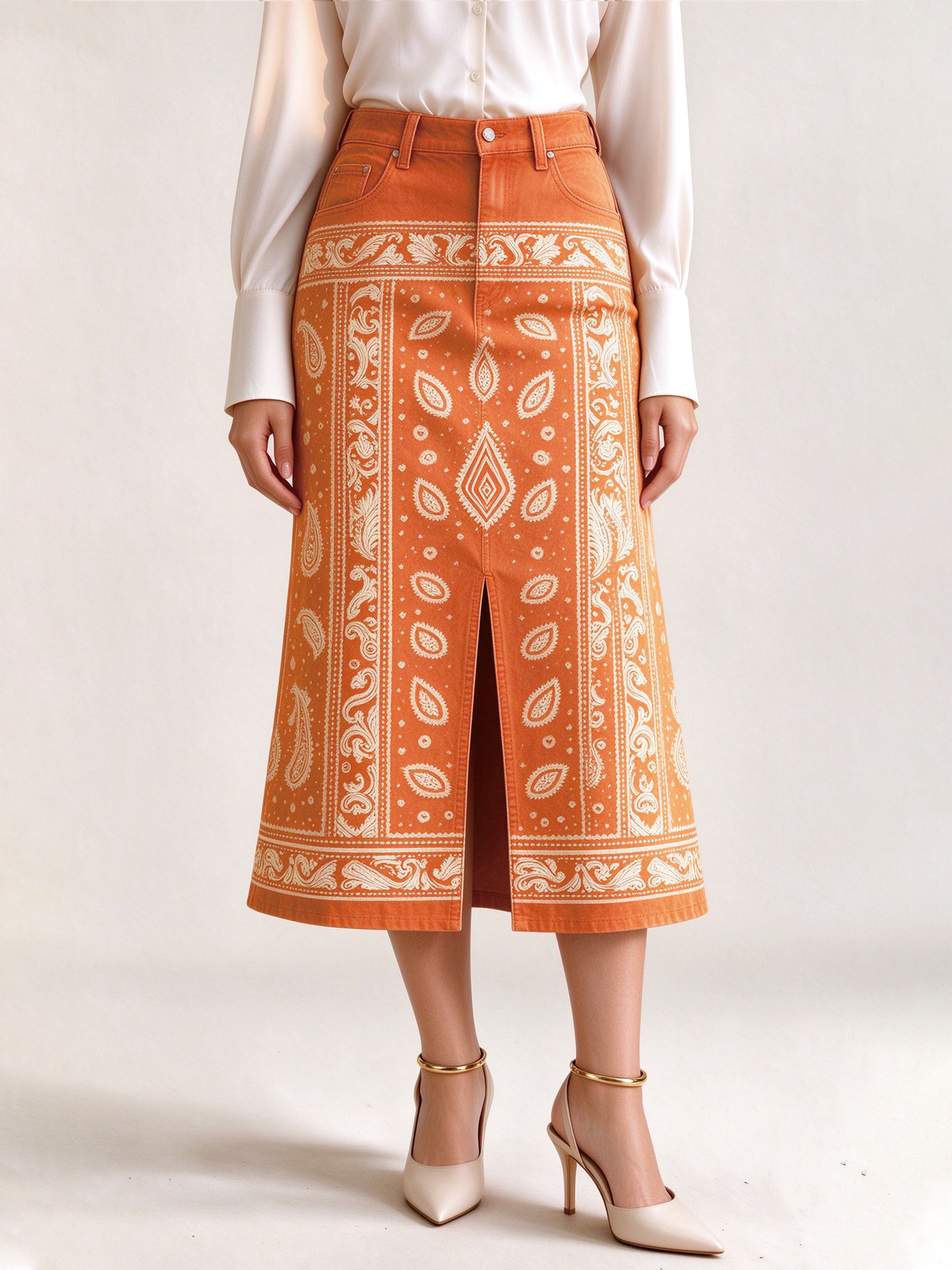 Desert Mirage 978 Western Denim Midi Skirt – Front View – Riley – Terracotta