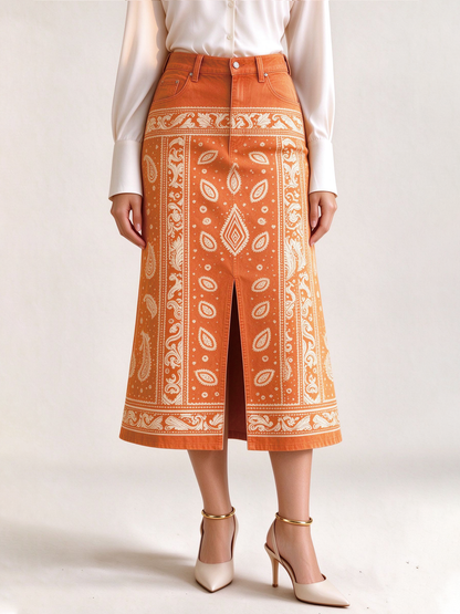 Desert Mirage 978 Western Denim Midi Skirt – Front View – Riley – Terracotta