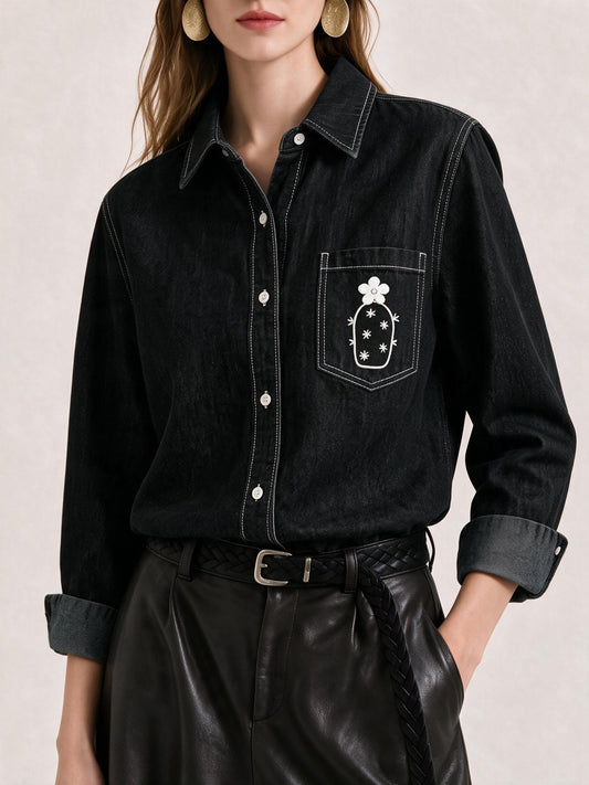 Midnight Desert Rose Long Sleeve Denim Shirt