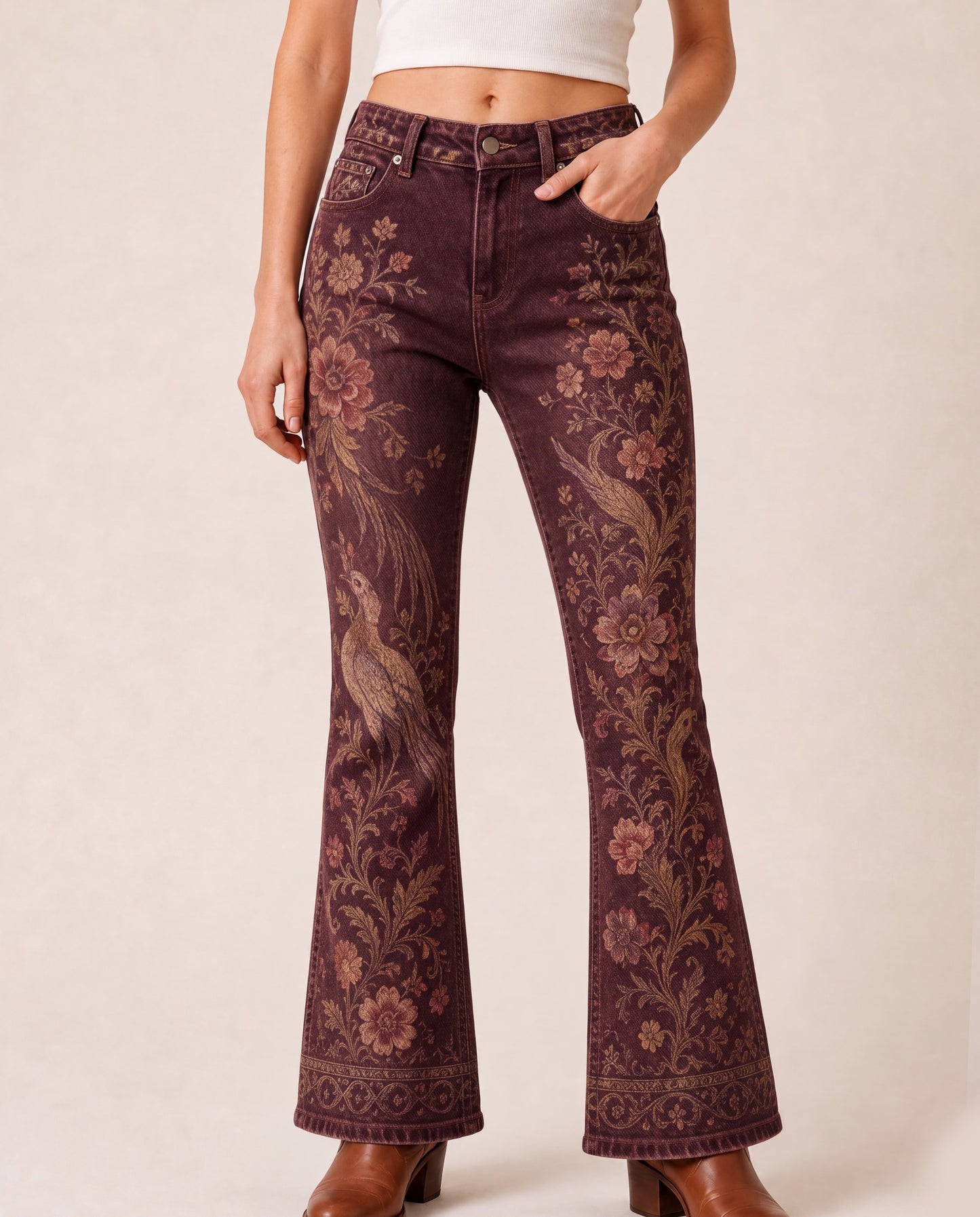 Prairie Phoenix Bootcut Jeans – Front View – Riley – burgundy
