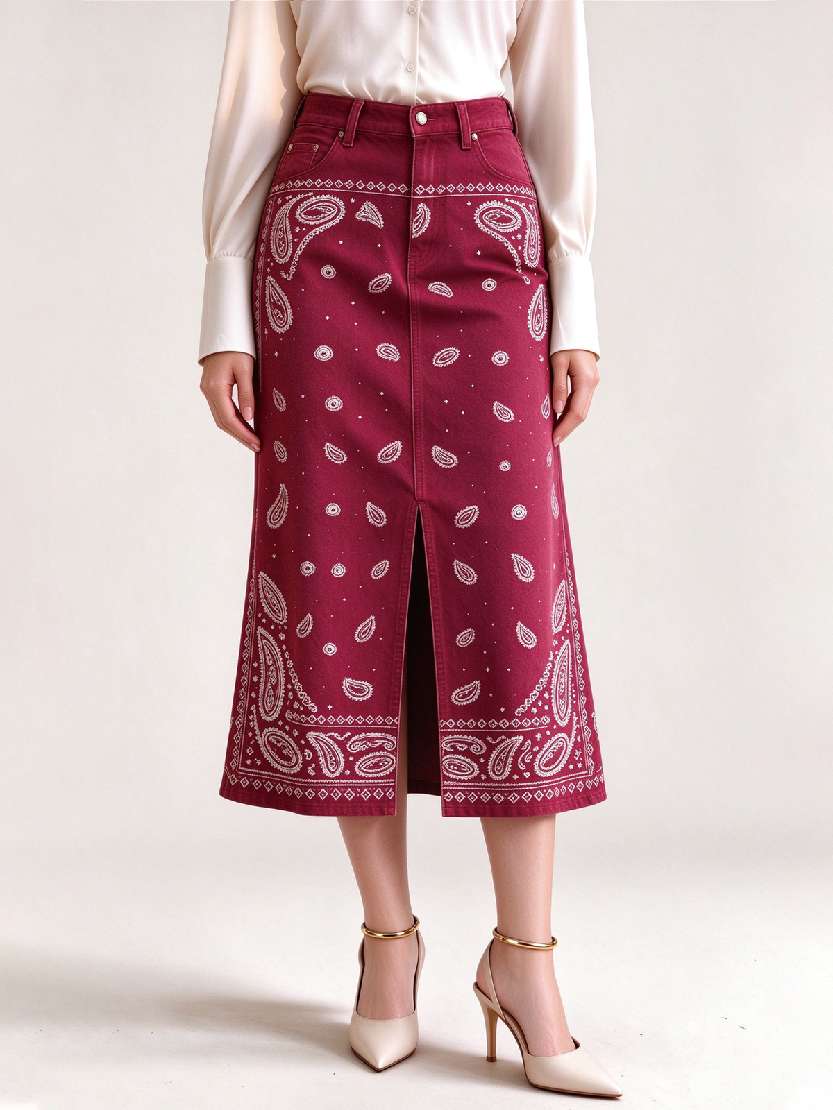 Crimson Bandana Western Denim Midi Skirt – Front View – Riley – Deep Red