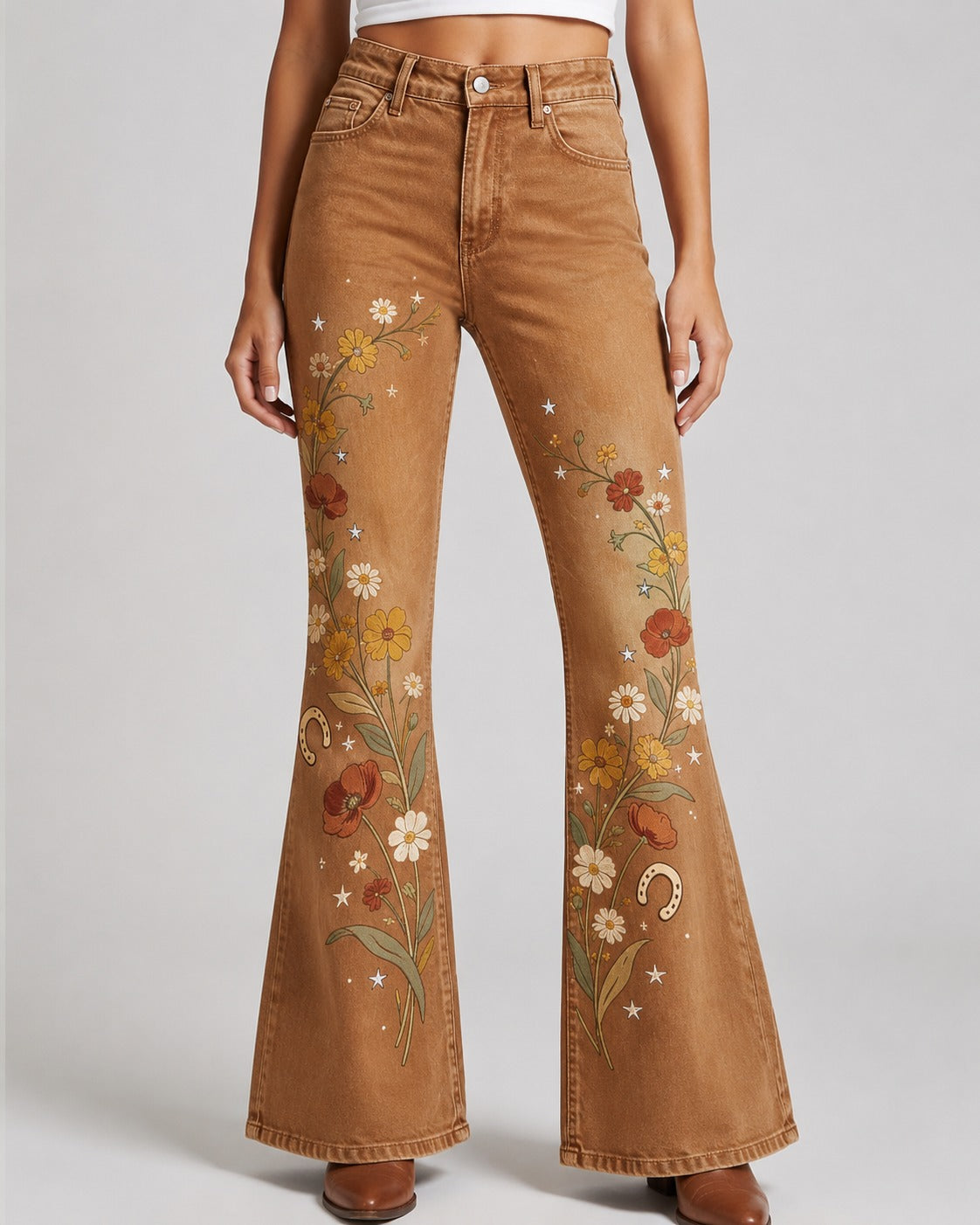 Prairie Bloom Bootcut Jeans – Front View – Riley – tan