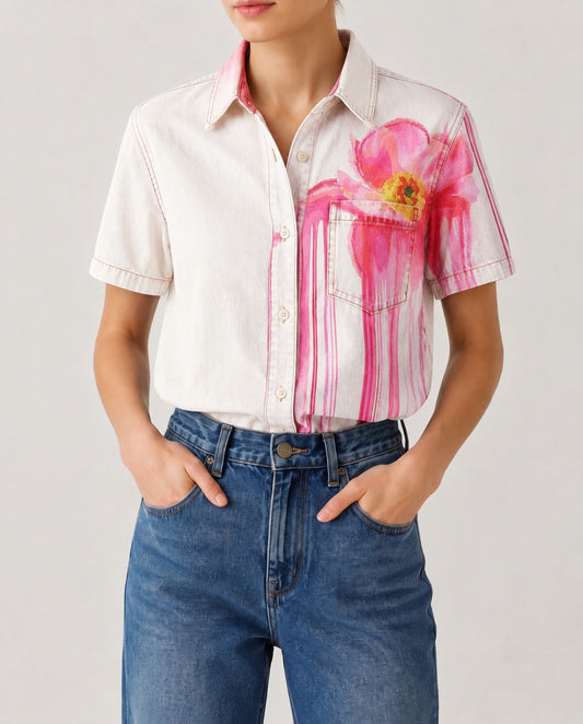 Cactus Bloom Pink Floral RB-TOP15 – Front View – Riley – Pink, White