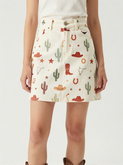 Cowgirl Toss Warm Denim Mini Skirt – Front View – Jessie – Terracotta / Sage / Cream