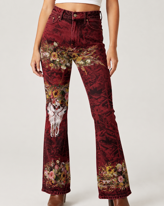 Crimson Revenant Bootcut Jeans – Front View – Riley – deep red