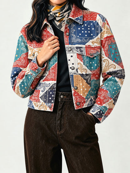 Cowboy Bandana Patchwork Cropped Denim Jacket