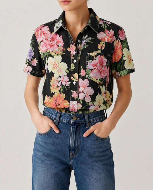 Cactus Bloom Black Floral RB-TOP15 – Front View – Riley – black