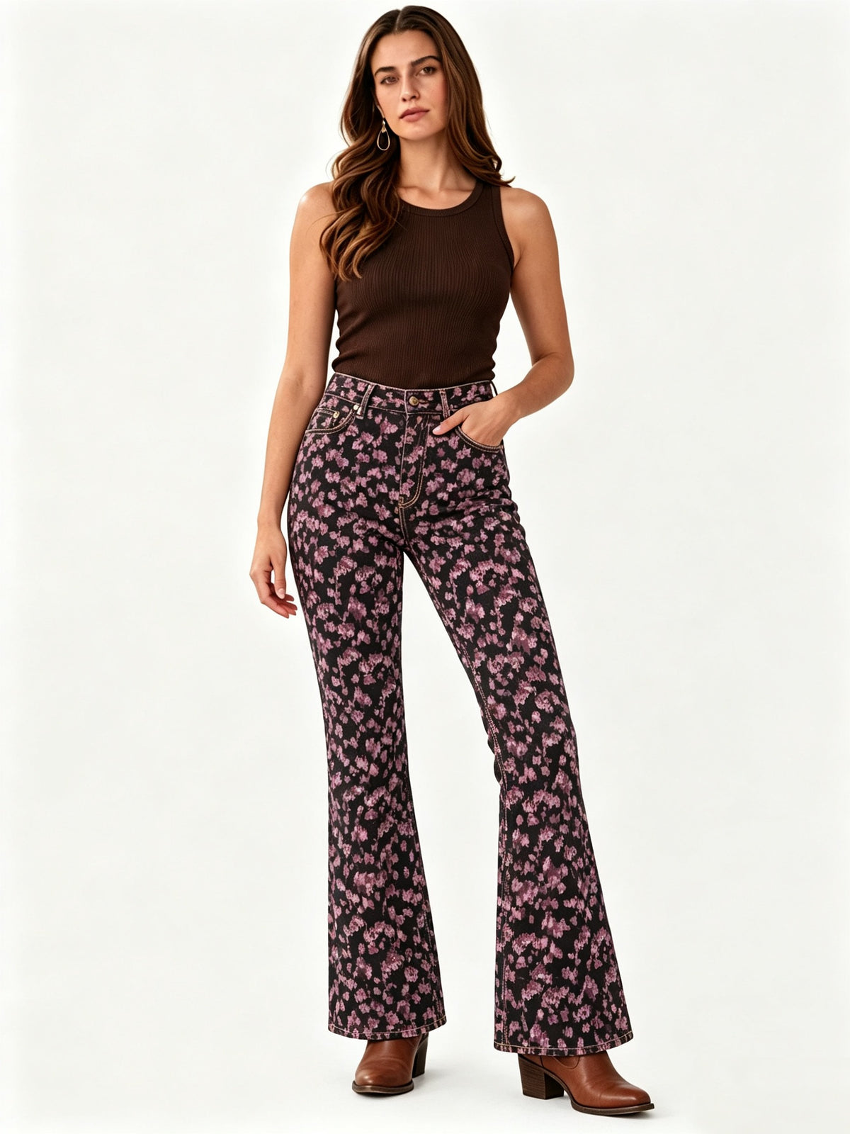 Prairie Bloom Bootcut Jeans – Front View – Riley – black, lavender