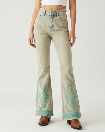 Sage Paisley Bootcut Jeans – Front View – Riley – Sage Beige